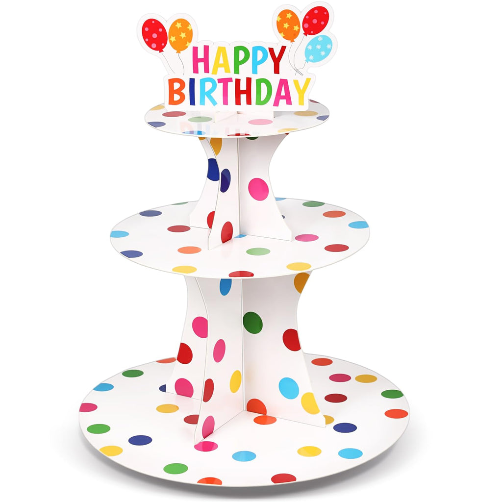 Zopeal Happy Birthday Cupcake Stand 3 Tier Birthday Party Cupcake Holder Polka Dots Cake Stand Holder Cardboard Dessert Tower for Theme Party Supplies Cake Decorations