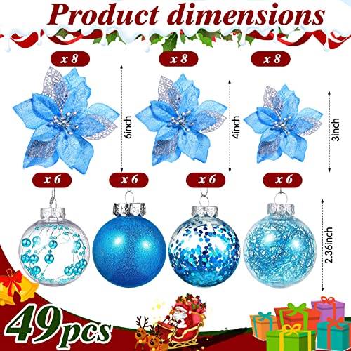 Blue Christmas Tree Decoration Set with Tree Topper Bow and Ornaments - 49 Pieces