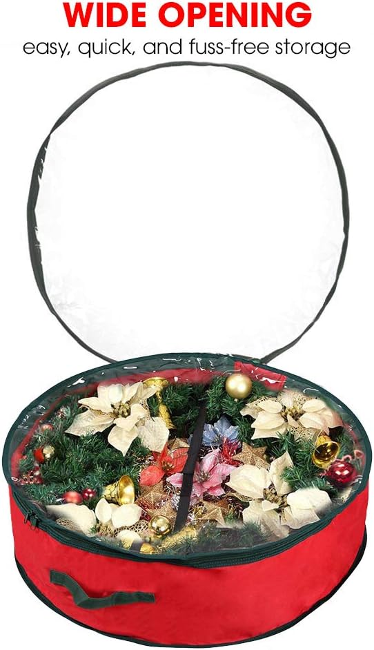 Primode Christmas Wreath Storage Bag - 30" Garland Container with Clear Window for Easy Holiday Organization - Durable 600D Oxford Material (Red)
