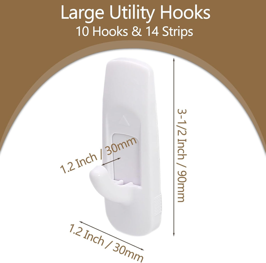 Skiennix Large Utility Hooks - 10 Pack Heavy Duty Adhesive Wall Hooks | Damage-Free Hanging, 4 lb Capacity