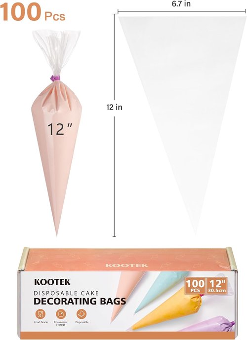 Kootek 12" Disposable Piping Bags - 100 Anti-Burst Thick Icing & Cake Decorating Bags