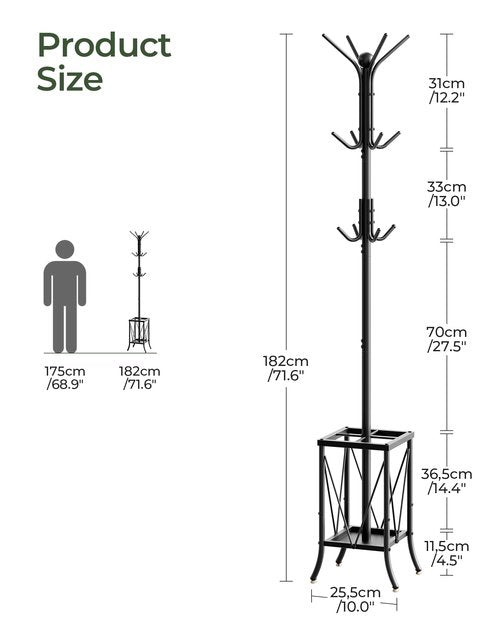 CHOEZON Coat Rack Freestanding, Coat Rack with Umbrella Holder, Entryway Hanger Stand with12 Hooks, Metal Hall Tree for Bags, Coats, Hats, Entryway, Hallway, Living Room, Bedroom, Office Black TYM01BB
