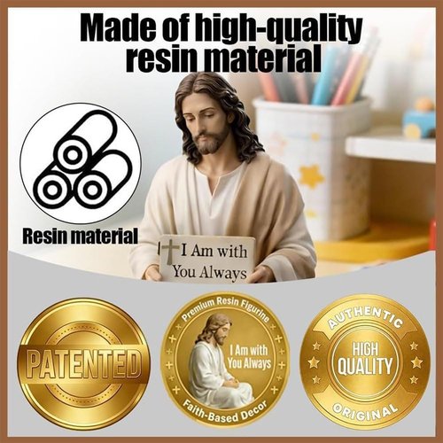 Little Jesus Figurines - Mini Handmade Sitting Jesus Statue with 'I Am with You Always' Sign | Small Resin Christian Decor for Office or Car