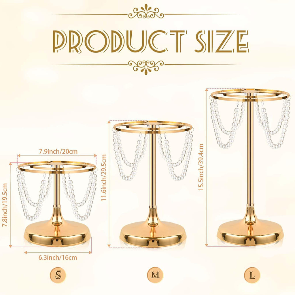 kolnlala Set of 6 Gold Round Pearl Cake Stand, Dessert Table Metal Cake Display Stand Set with Pearl Pendant Wedding Birthday Cake Base Stand for Wedding Anniversary Birthday Party Celebration