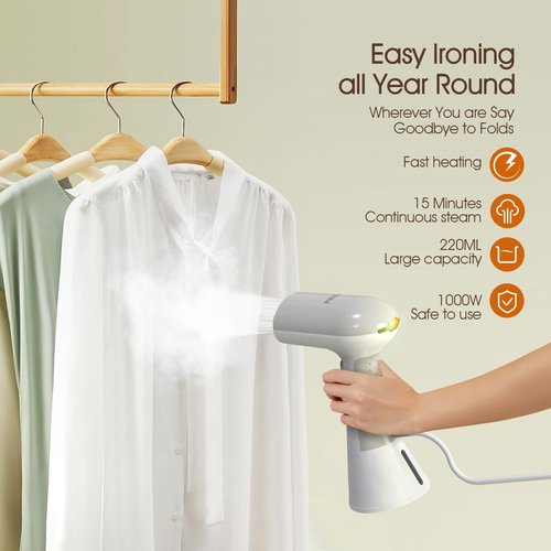 PWWJ Handheld Garment Steamer - 1000W Portable Travel Steamer, 20s Rapid Heat-Up, 0.8kg Lightweight Fabric Iron with 302°F Dry Steam for Home and Travel, 220ml, White