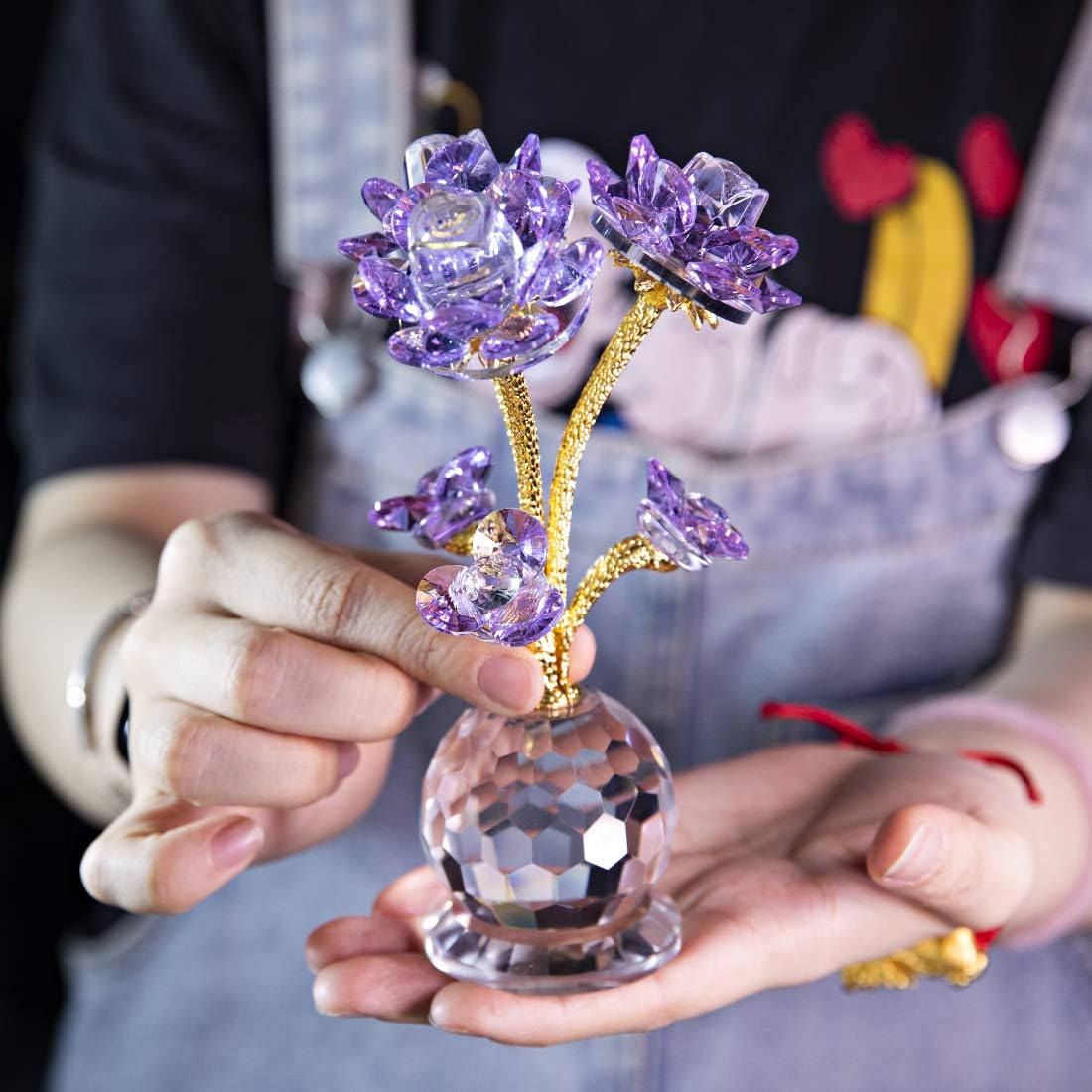 QFkris Purple Crystal Rose Flower Figurine - 6" Collectible Glass Ornament for Home Decor & Gifts