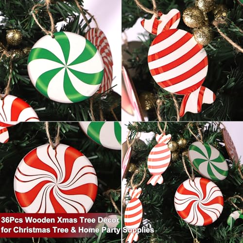Shatterproof Candy Cane Christmas Ornaments 36-Pack - Wooden Holiday Tree Decor