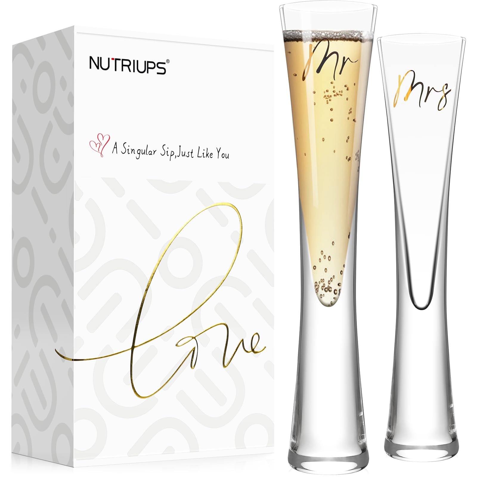 NUTRIUPS Mr & Mrs Champagne Flutes, Wedding Toasting Flutes for Bride and Groom, Hand Blown Crystal Prosecco Glasses for Anniversary, Set of 2