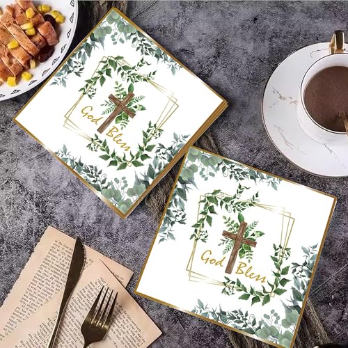Sage Green Cross First Communion Napkins 24 Pcs Disposable Paper