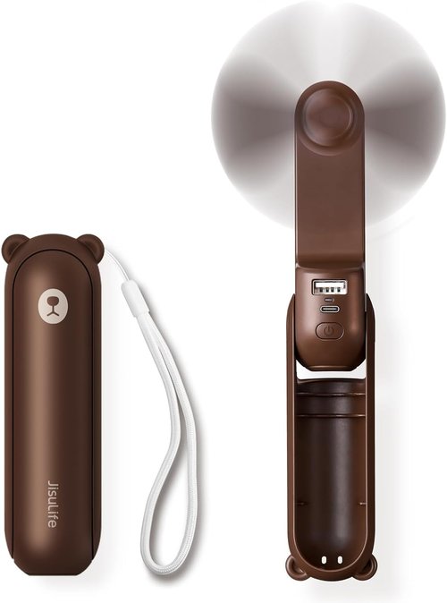JISULIFE Handheld Mini Fan - 3-in-1 USB Rechargeable Portable Fan with Power Bank & Flashlight | Brown