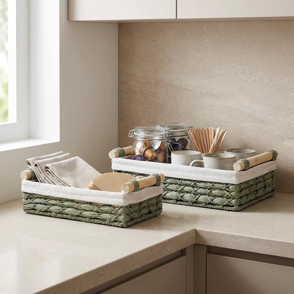 Regine Switzerland Set of 2 Green Bathroom Basket Organizers - Stylish Wicker Storage Baskets with Liner for Towels & Toiletries