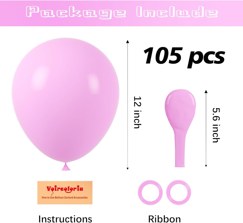 Voircoloria 105pcs Pink Balloons - 12 Inch Latex Party Balloons for Birthday, Baby Shower & Weddings