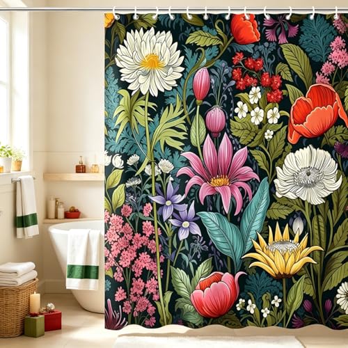 Colorful Floral Shower Curtain Set - Waterproof 72x72 Inch with Hooks