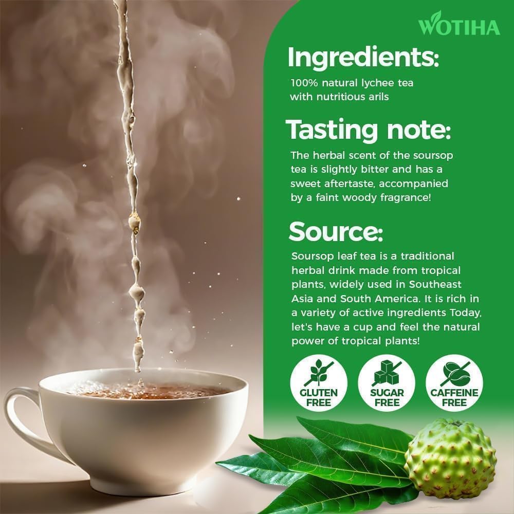 WOTIHA 45 Count Premium Soursop Graviola Tea Bags - 100% Natural soursop leaves, Non-GMO, Caffeine/Sugar/Gluten Free Vegan, Food-Grade Biodegradable Bags, Hojas De Guanabana.
