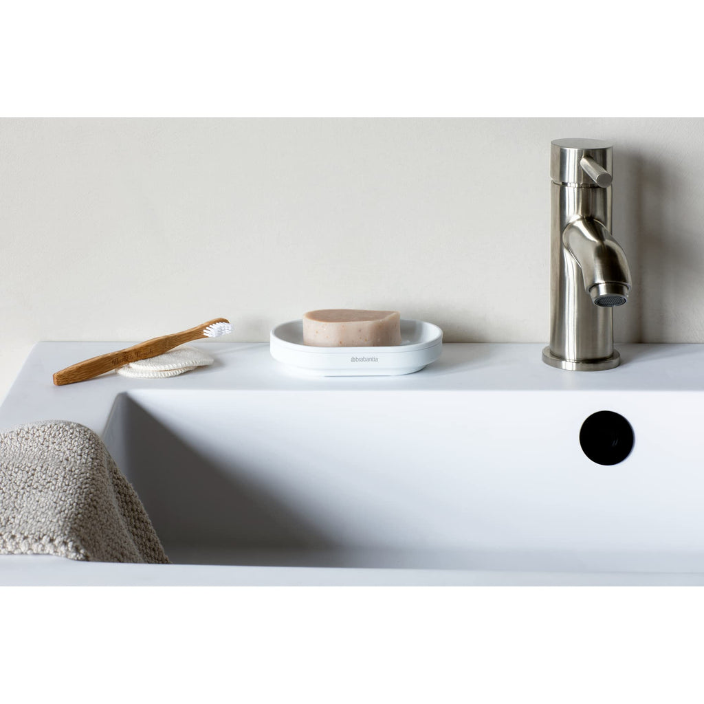 Brabantia Mindset Soap Dish (Mineral Fresh White) Anti-Rust Metal, Non-Slip Basin Soap Tray Holder for Bathroom, Shower, Kitchen Sink