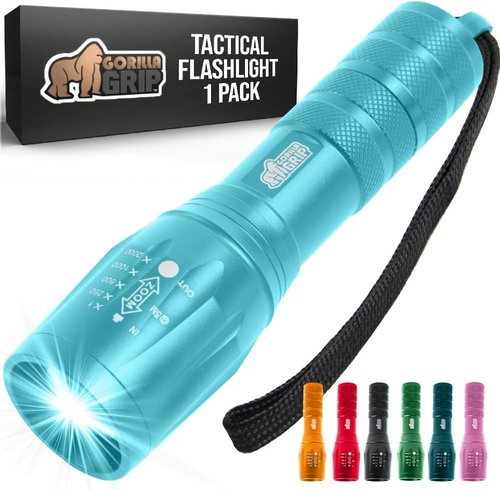 GORILLA GRIP LED Tactical Flashlight - 750 FT High Lumens, 5 Adjustable Modes, Water Resistant, Mini Size, Turquoise