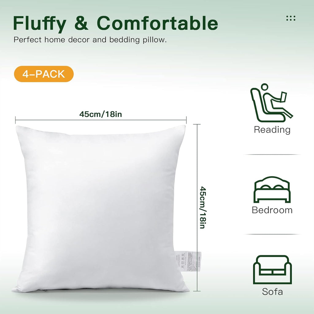 OTOSTAR Throw Pillow Inserts - Pack of 4 Soft & Fluffy 18 x 18 Square Cushion Pads in White