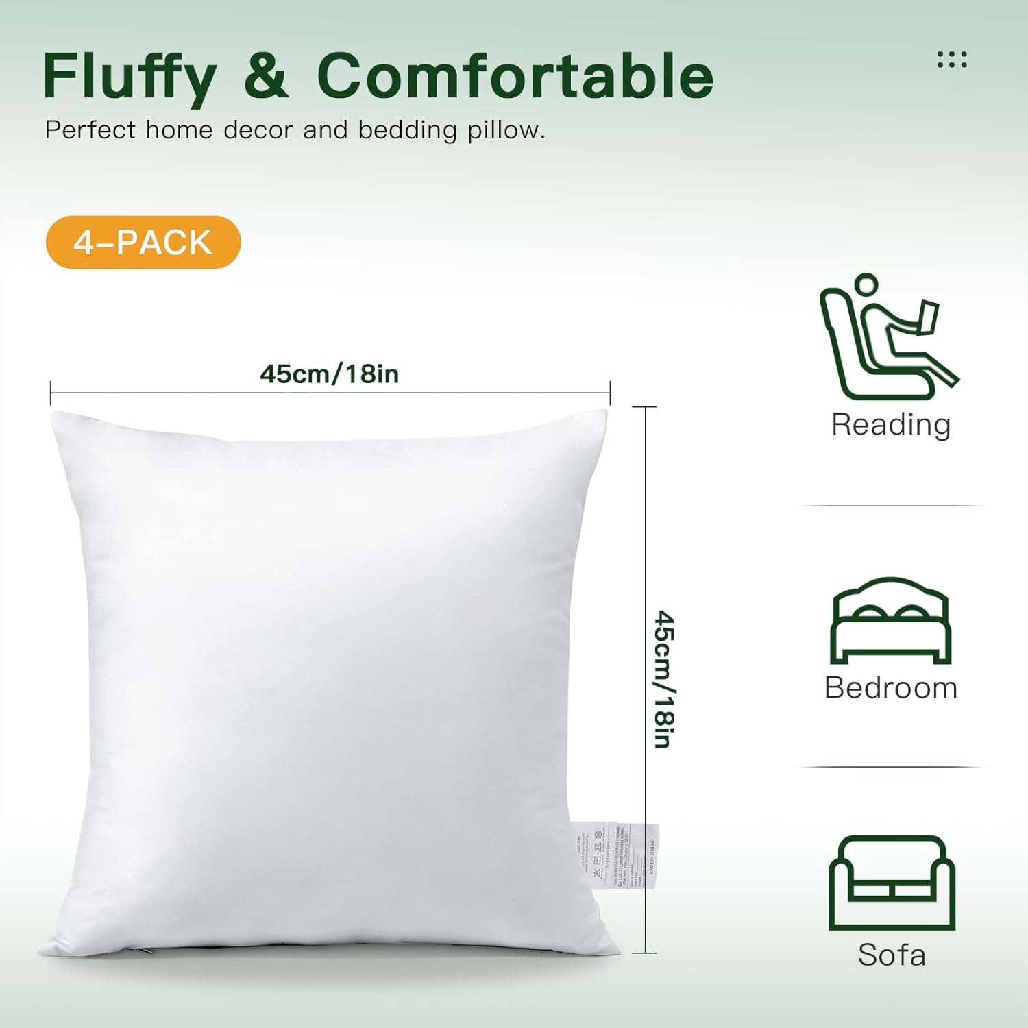 OTOSTAR Throw Pillow Inserts - Pack of 4 Soft & Fluffy 18 x 18 Square Cushion Pads in White