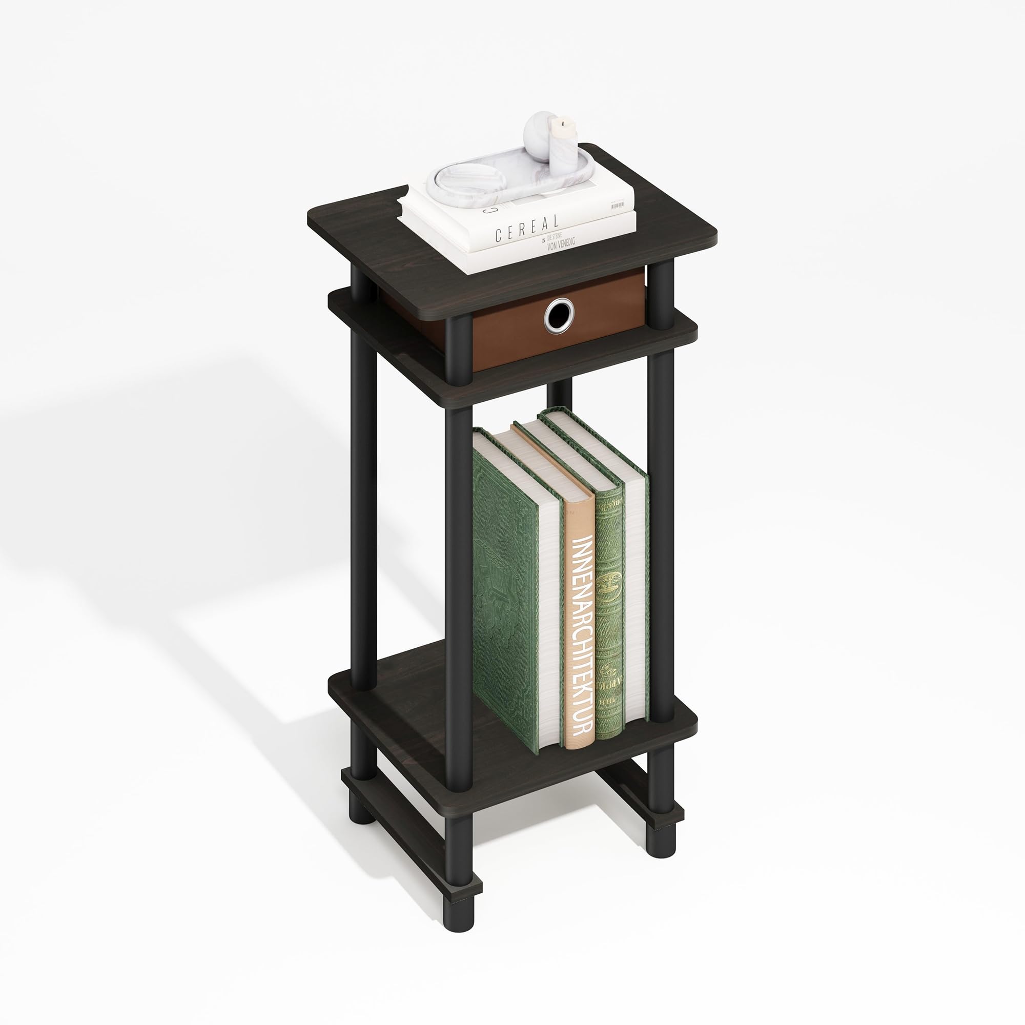 Furinno Turn-N-Tube Side Table, 3-Tier End Table with Storage Bin, Open Shelf Night Stand, Bedside Table, Toolless Assembly, for Living Room, Bedroom, Black Espresso