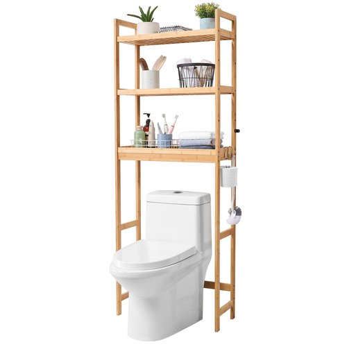 VEVOR Over The Toilet Storage, 3-Tier Adjustable Over Toilet Bathroom Organizer, Bamboo Storage Shelf Rack with 3 Hooks, Freestanding Easy Assembly Laundry Space Saver, Fit Most Toilets, Gray