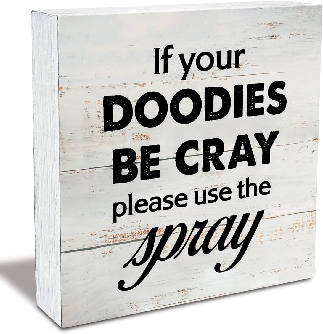 Rustic Bathroom Wood Box Sign - Funny Humor Decor for Farmhouse Restroom | 5 x 5 Inch