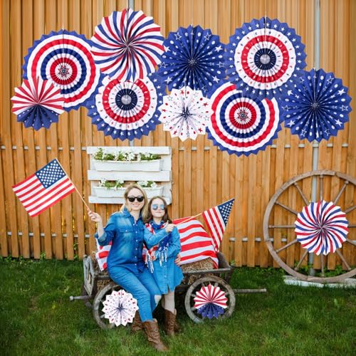 12-Piece 4th of July Patriotic Hanging Paper Fans Set