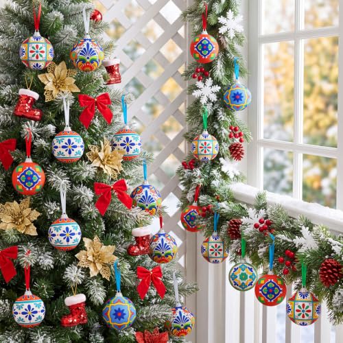 Mexican Christmas Ornament Set - 24 Colorful Fabric Balls with Talavera Pattern