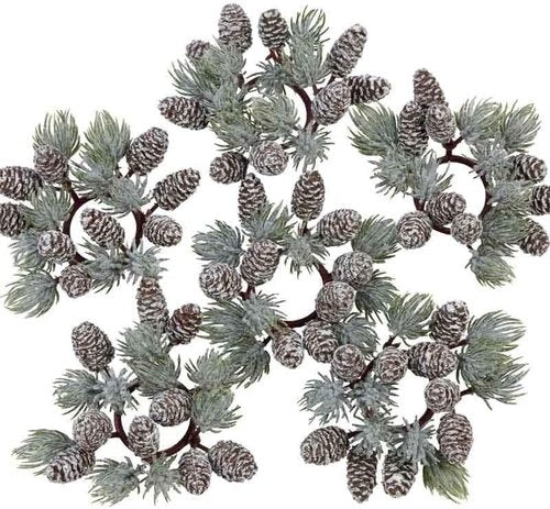 Artificial Pine & Pinecone Candle Rings - Set of 6 Faux Snowy Pine Decor for Holiday Tables