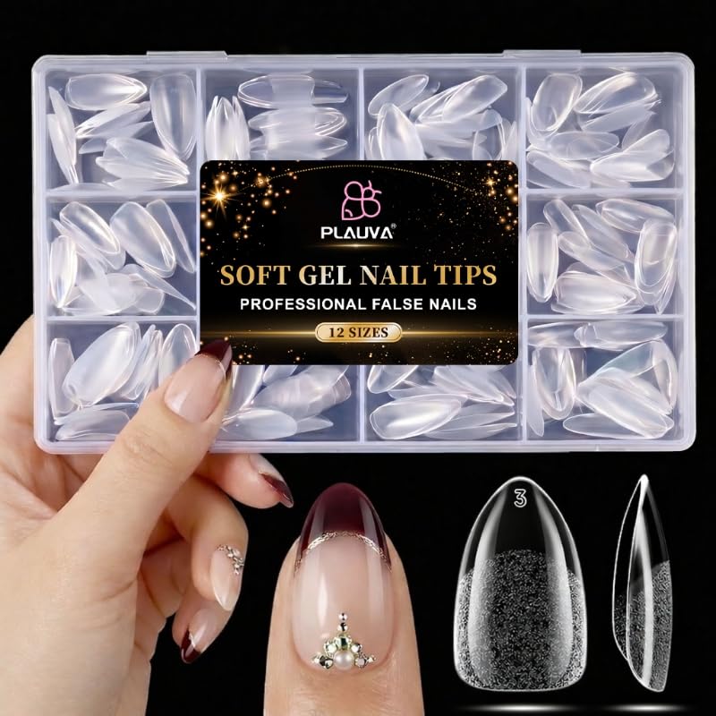 Plauva Short Almond Soft Gel Nail Tips 216 Pcs Pre-Etched Fake Nails