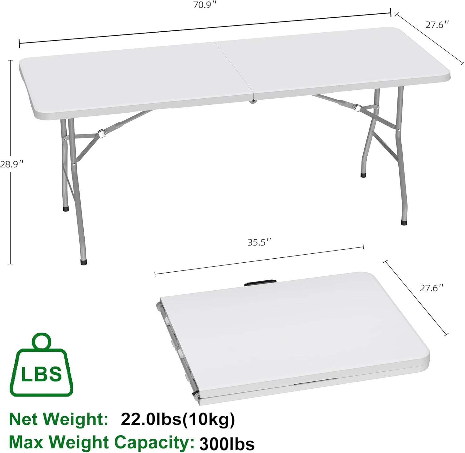 Allpop 6Ft Folding Table - Portable Plastic Dining Table with Carrying Handle for Indoor/Outdoor Use | White