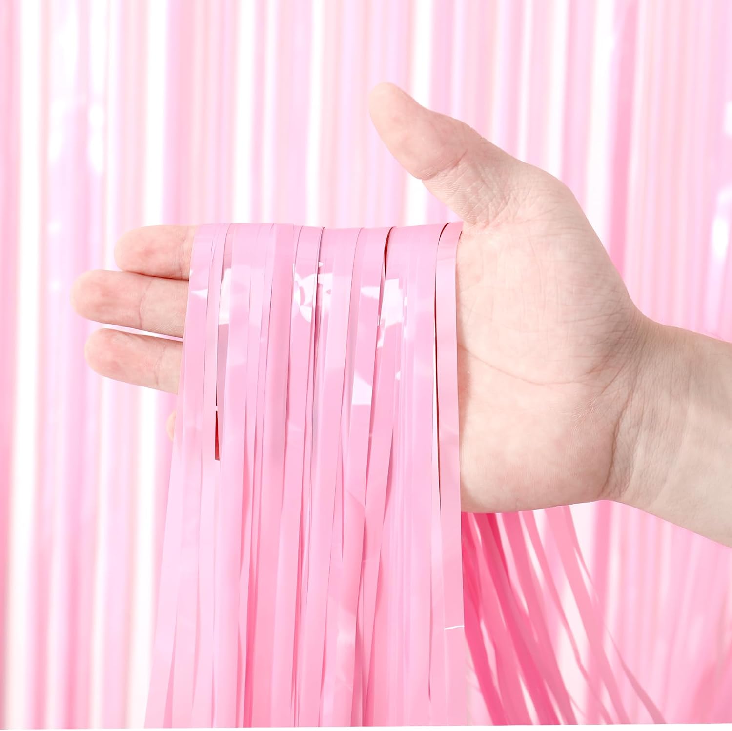 Voircoloria Foil Fringe Backdrop Curtains - 3 Pack of 3.3 x 8.2 Ft Pasel Pink Tinsel Streamers for Parties