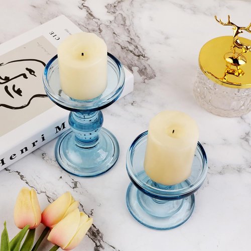 Blue Glass Candlestick Set by [Brand Name] - Elegant Crystal Holders for Weddings & Home Decor
