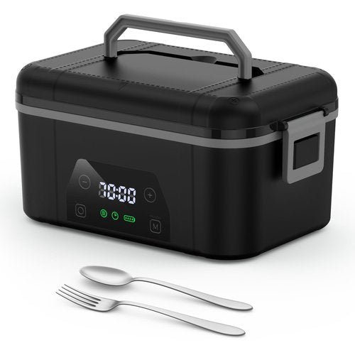 BOSPEWTSE Cordless Heated Lunch Box, Smart Timer Automatic Heating Food Warmer for Adults, 5.5-Cup Portable Electric Lunch Container with Handheld Insulated Bag（Dark Black）