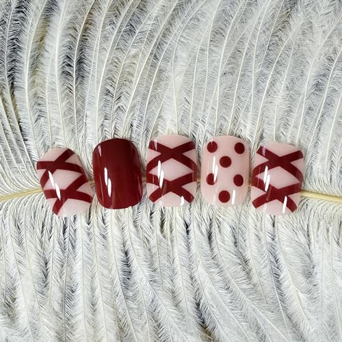 iMABC Christmas Glossy Red Short Squoval Press On Nails with Bow Design