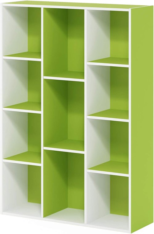 Furinno LUDER 11-Cube Bookshelf - Reversible Design, Easy Assembly | White/Green, 9.4 x 29.1 x 41.7