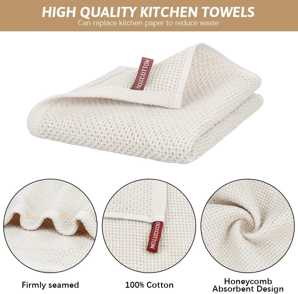 Nialnant Kitchen Towels - 100% Cotton Waffle Weave, Extra Soft & Absorbent | 6 Pack, 13 x 28 Inch, Beige