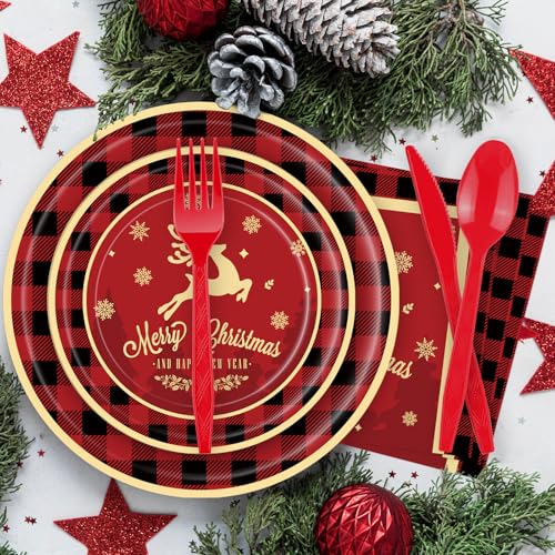 Christmas Party Supplies Set for 25 Guests - Red & Black Holiday Tableware, Plates, Cups, Napkins & Utensils