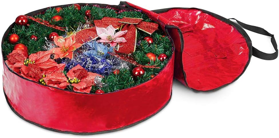 ProPik Christmas Wreath Storage Bag - Heavy-Duty Tear Resistant Holiday Container - 24” X 8” (Red)