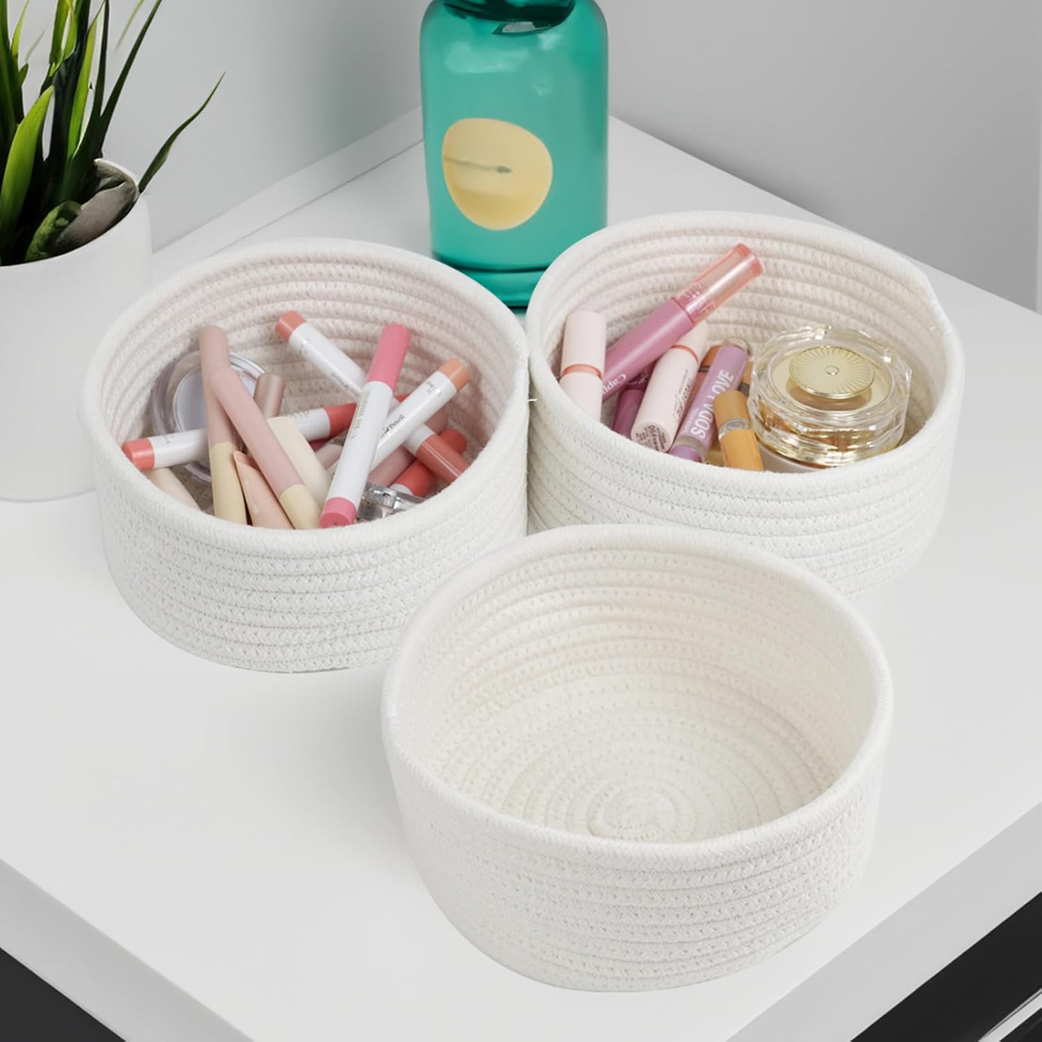 Small Woven Baskets Set by [Brand Name] - Cute Cotton Rope Organizing Bins for Nursery & Bathroom