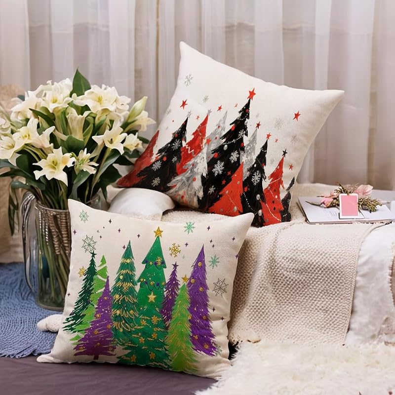 7COLORROOM Christmas Decor Pillow Cover 18x18 Green Merry Christmas Trees Snowflake Purpule
