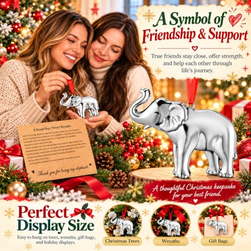 Elephant Christmas Ornament for Women - Silver Metal Sister Gift - Variation of Elephant