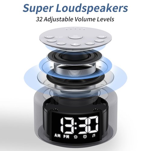 【3 in 1】 Sound Machine Alarm Clock Night Light White Noise Machine with 30 Sleeping Sounds for Baby Kids Adults 32 Level Volume Auto Off Timer Memory Function Digital Clock with 30 Wake Up Sounds