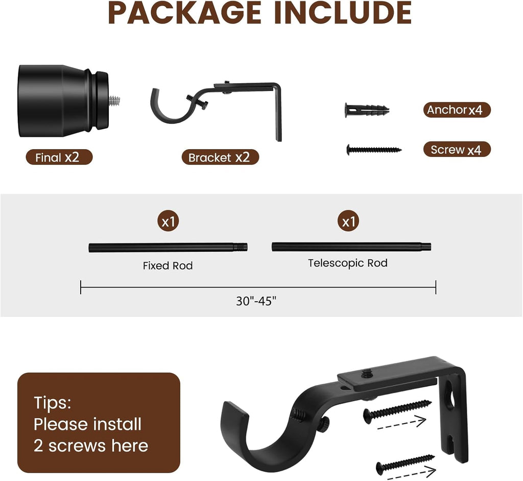 Regine Switzerland 1” Diameter Adjustable Curtain Rod - Heavy Duty Matte Black | Fits 30-39 Inch Windows
