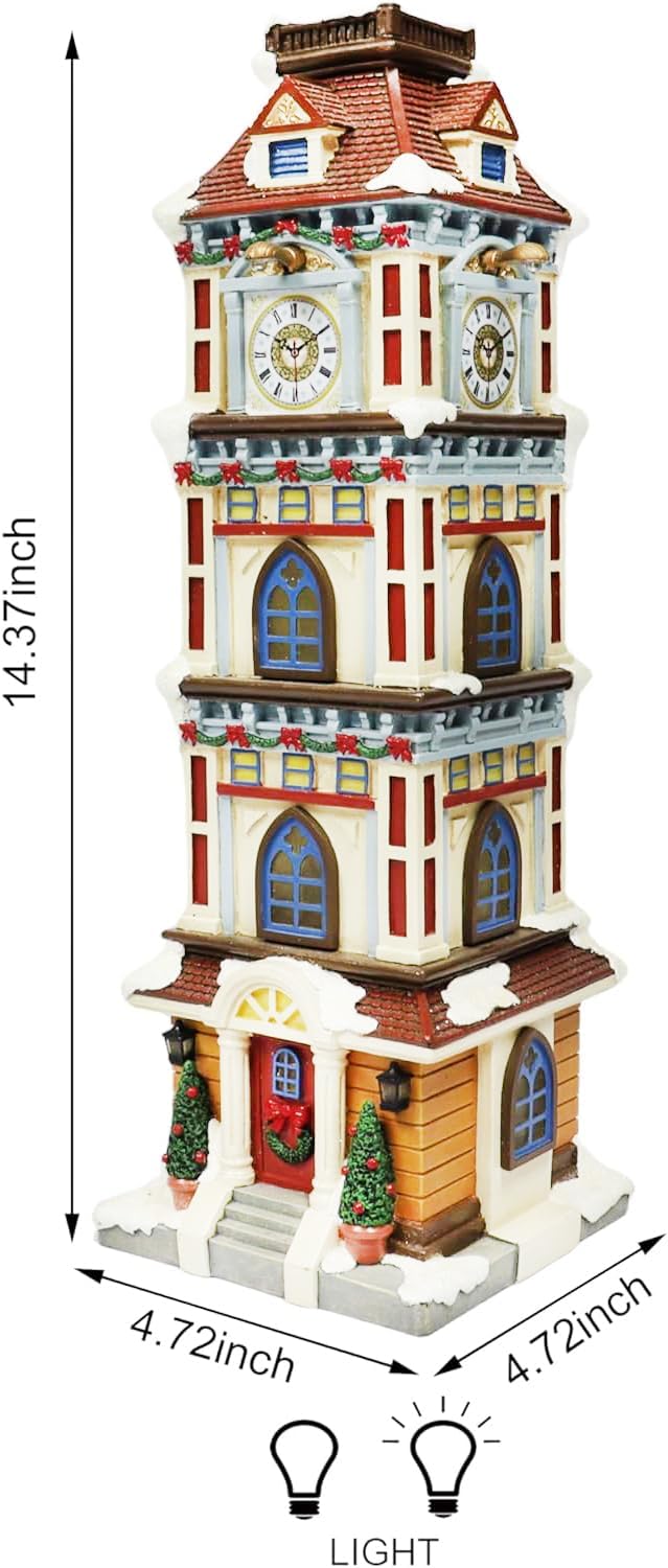 Moments In Time Lighted Christmas Clock Tower - 14.5” Hand-Painted Polyresin Holiday Décor