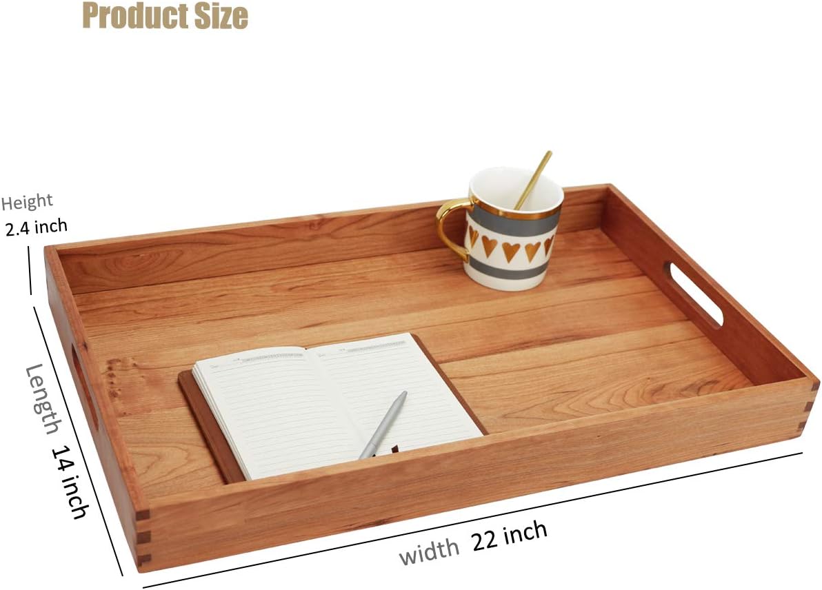 Regine Switzerland Large Rectangle Cherry Wood Ottoman Tray - 22 x 14 Inches with Handles for Serving Tea, Coffee, or Breakfast in Bed