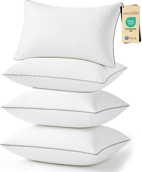JOLLYVOGUE Queen Size Pillows Set of 4 - Oeko-Tex Certified, Medium Support, Machine-Washable Down Alternative