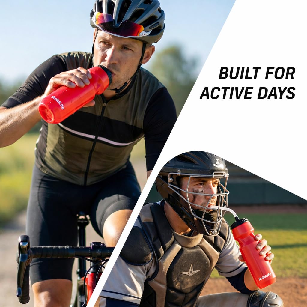 BuildLife 2 Pack Sports Water Bottle - Hockey Water Bottle with Long Straw and 2 lids (Straw and Squeeze) for Helmet Sports Hockey, Lacrosse, Football, Boxing, BPA Free,Dishwash Safe (Red)