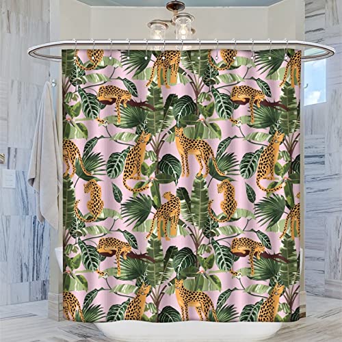 Leopard Palm Leaves Shower Curtain, 72x72 Waterproof Boho Jungle Decor