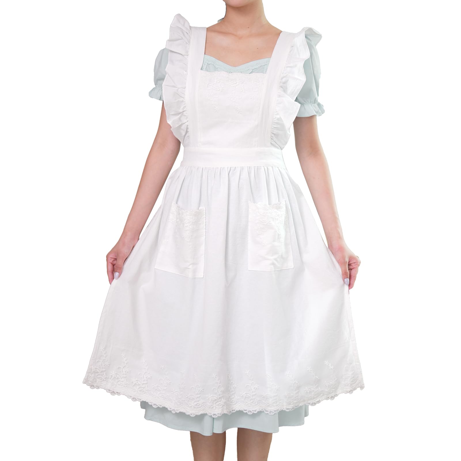 Aoomzoom Vintage Aprons for Woman with Pockets Cute Lace Ruffle Adjustable Apron for Cooking Kitchen Baking Gardening (White)