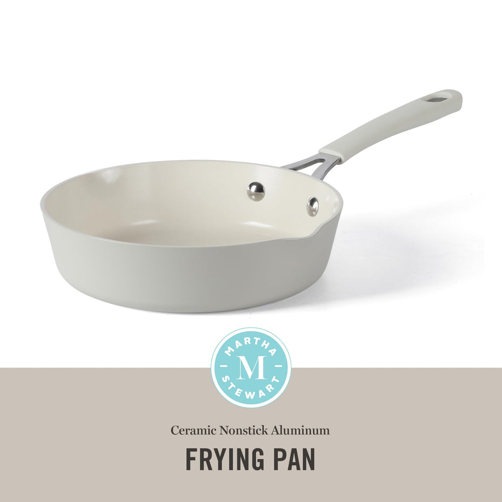 Martha Stewart Heathland 8 Inch Aluminum Fry Pan Cookware Non-Toxic Premium Ceramic Non Stick Frying Pan, Kitchen Egg Pan, Omelet Pan, Always Pan, Pots and Pans, Linen White, Induction Safe